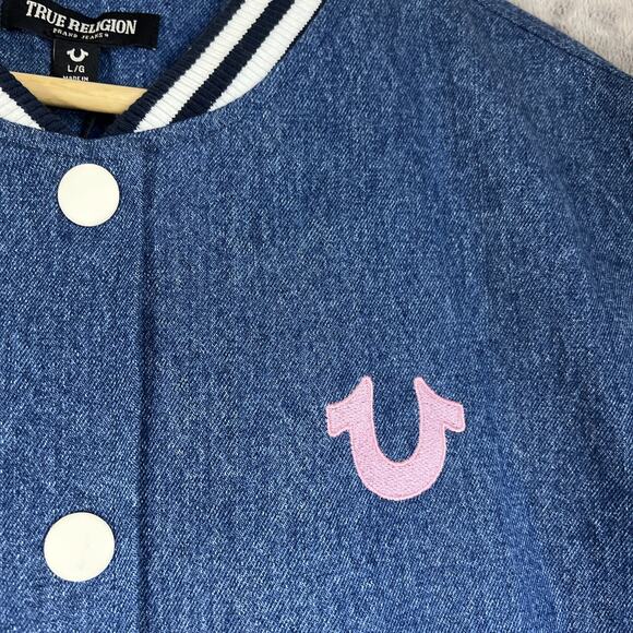 True Religion Guitar Buddha Varsity Jacket Women Large Denim White Retro Y2K NEW - Picture 4 of 12